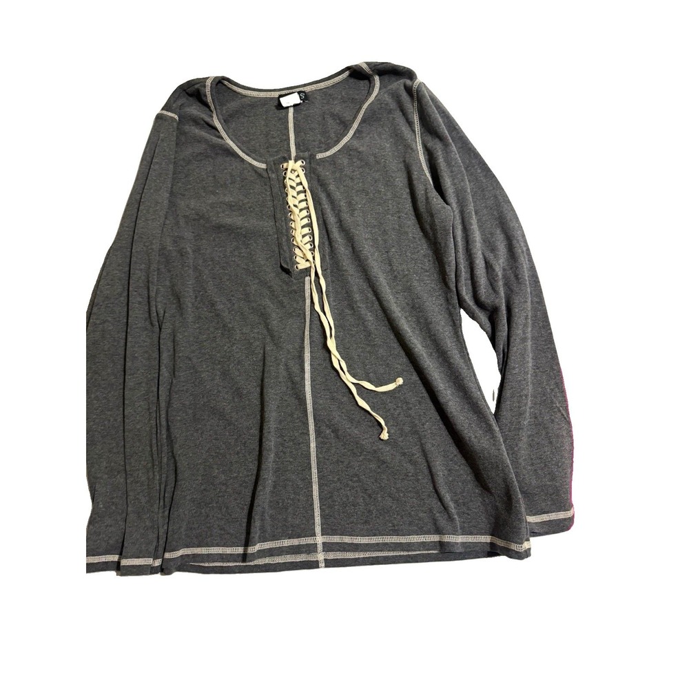 VENUS Women's Gray Knit Scoop Neck Lace-Up Long Sleeve Stretch Top Size L